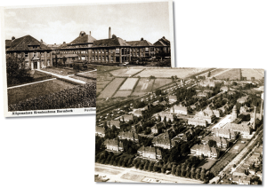 Q21 Geschichte / „Historische Schwarzweiß-Fotos des Allgemeinen Krankenhauses Barmbek in Hamburg – eine Außenansicht des Pavillons und eine Luftaufnahme der gesamten Krankenhausanlage mit umliegenden Feldern.“