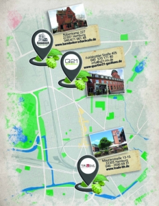 „Stadtkarte von Hamburg mit Markierungen und Fotos der drei Standorte: Barmbeker Schachcafé, Quartier 21 Gasthaus und T.R.U.D.E., jeweils mit Adresse, Telefonnummer und Website.“