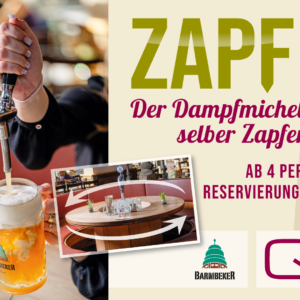„Werbegrafik des Q21 Gasthauses mit dem Slogan 'Zapf dir eins!' – zeigt eine Hand beim Selberzapfen von Barmbeker Bier am Tisch mit integriertem Zapfhahn. Hinweis: ab 4 Personen, Reservierung erforderlich.“