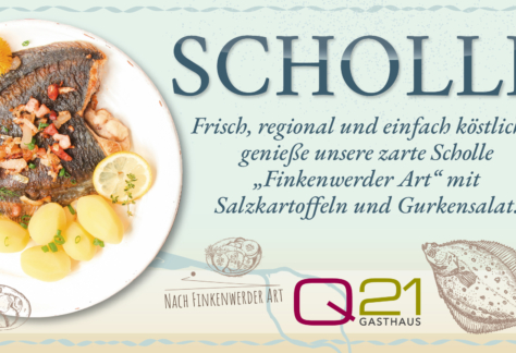 Gebratene Scholle Finkenwerder Art mit Speck, Zwiebeln, Salzkartoffeln und Gurkensalat im Q21 Gasthaus Hamburg.
