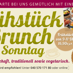 „Werbegrafik des Q21 Gasthauses für Frühstück und Brunch am Sonntag mit süßen und herzhaften Speisen. Frühstück von 9–11 Uhr für 16,90 €, Brunch von 11–14 Uhr für 24,90 € pro Person. Reservierung empfohlen.“
