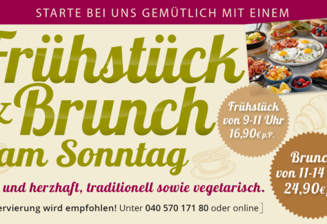 „Werbegrafik des Q21 Gasthauses für Frühstück und Brunch am Sonntag mit süßen und herzhaften Speisen. Frühstück von 9–11 Uhr für 16,90 €, Brunch von 11–14 Uhr für 24,90 € pro Person. Reservierung empfohlen.“