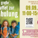 Werbegrafik zum Q21-Einschulungsbuffet am 09.09.2025 von 11:00 bis 15:00 Uhr. Links im Bild fünf fröhliche Kinder mit bunten Schultüten vor einer grünen Tafel mit der Aufschrift „Das große Q21-Buffet zur Einschulung“. Rechts große gelbe Schrift mit Datum, Uhrzeit und dem Preis von 24,90 € pro Person. Hinweis: Kinder von 0–6 Jahren kostenlos, Kinder von 7–12 Jahren zahlen den halben Preis. Darunter ein QR-Code zur Buchungsseite und der Text „Reservierung erforderlich: quartier21-gasthaus.de/reservierung“.