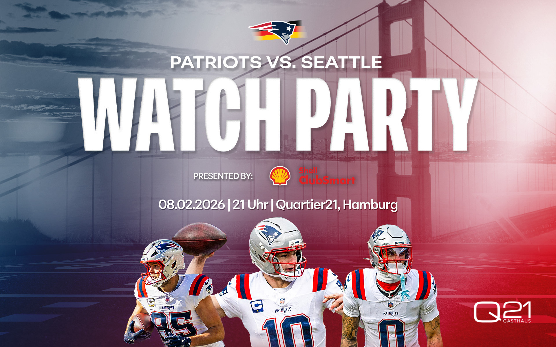 Super Bowl in Hamburg 2026 im Q21 Gasthaus Hamburg – Football-Spieler im Stadion, großes Public Viewing mit Tickets unter shop.quartier21-gasthaus.de