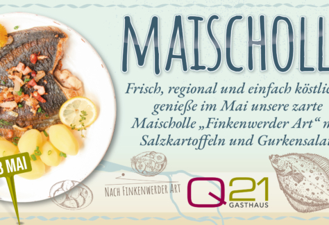 Gebratene Maischolle Finkenwerder Art mit Speck, Zwiebeln, Salzkartoffeln und Gurkensalat im Q21 Gasthaus Hamburg.