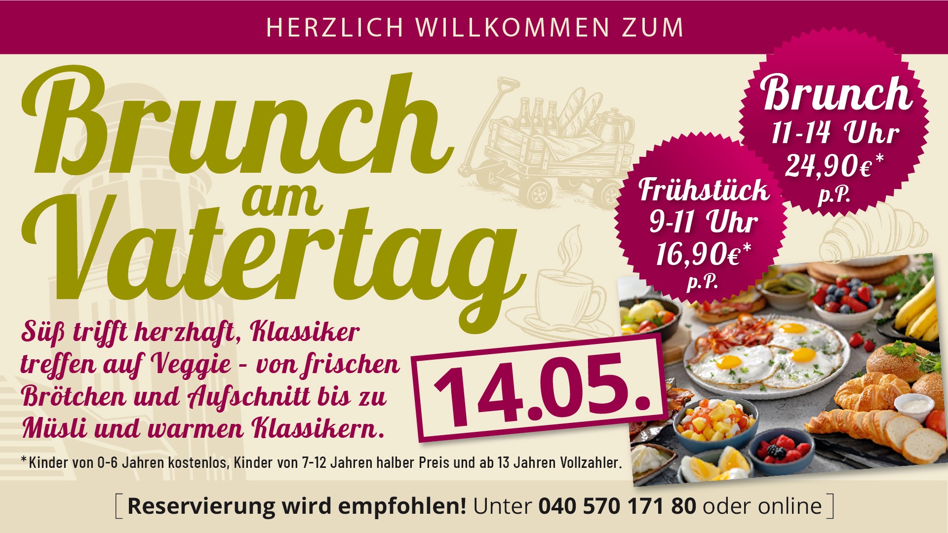Feiert den Vatertag mit einem genussvollen Brunch in Hamburg. Frühstück von 9–11 Uhr, Brunch von 11–14 Uhr. Jetzt Tisch sichern und gemeinsam genießen!