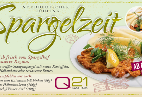 Weißer Stangenspargel mit neuen Kartoffeln, Sauce Hollandaise und Schnitzel im Q21 Gasthaus Hamburg.