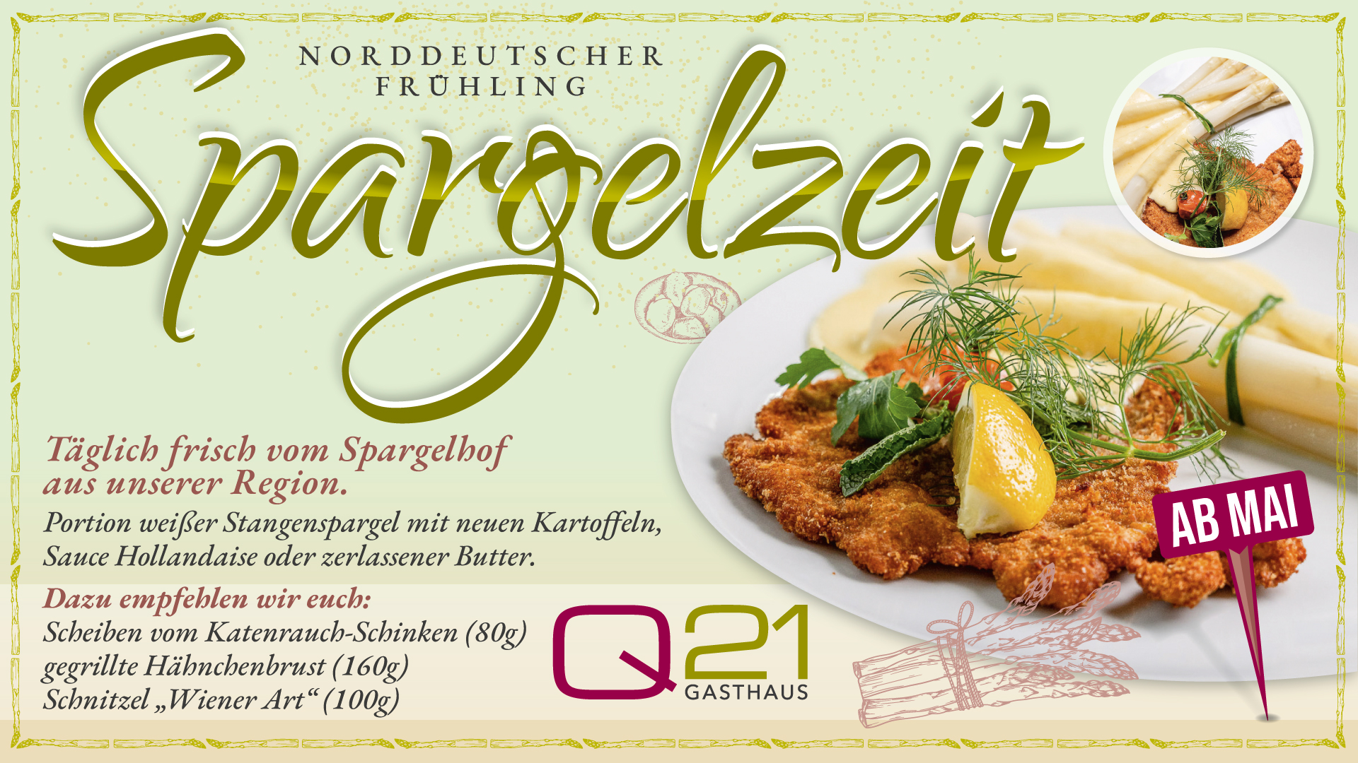 Weißer Stangenspargel mit neuen Kartoffeln, Sauce Hollandaise und Schnitzel im Q21 Gasthaus Hamburg.