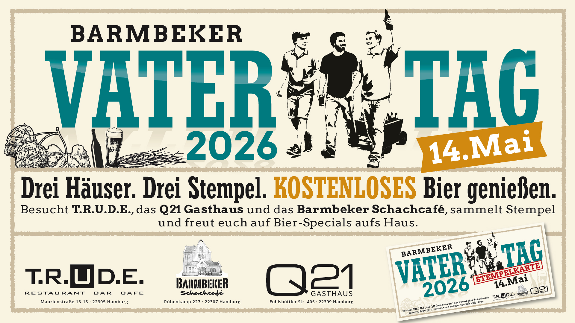 Feiert Vatertag 2026 im Quartier 21 Gasthaus in Hamburg-Barmbek: Start der Biertour, Stempel sammeln, gratis Bier & Specials genießen. Jetzt planen!