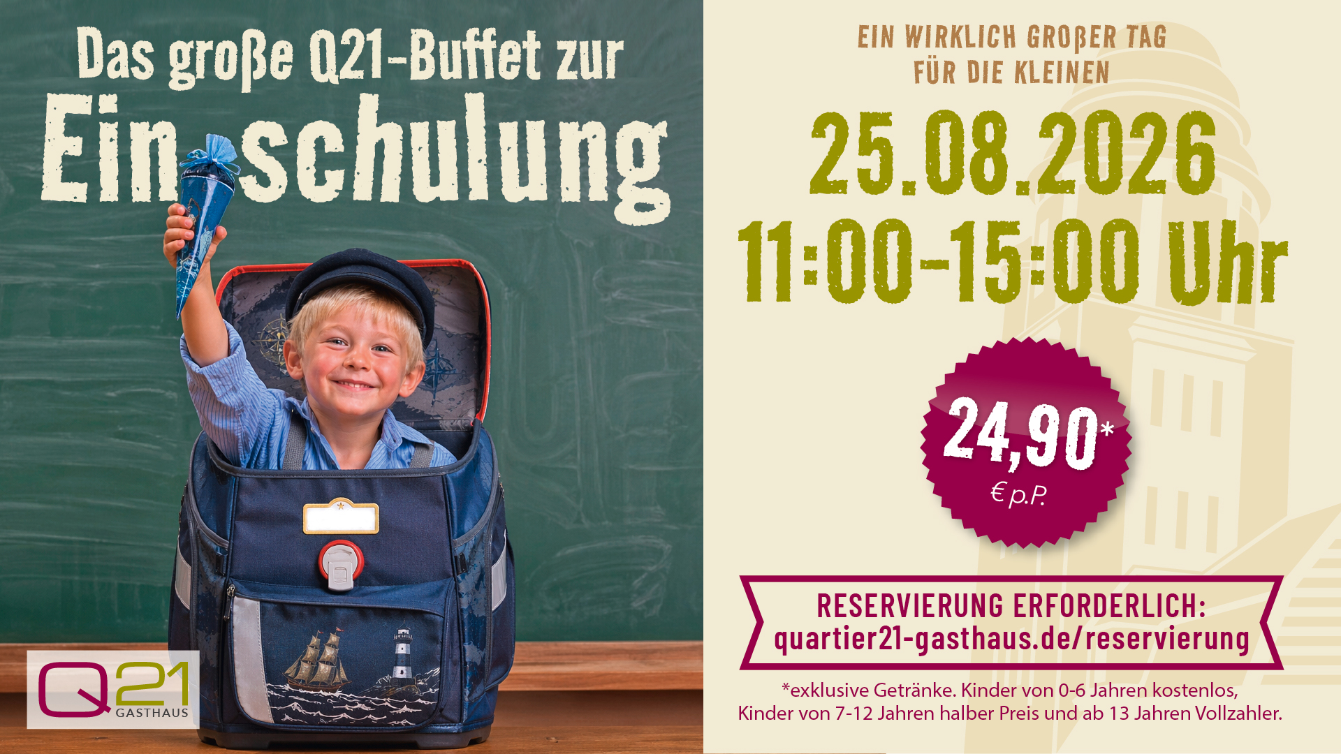 Einschulung Buffet Hamburg im Q21 Gasthaus mit Kind und Schultüte bei Familienfeier.