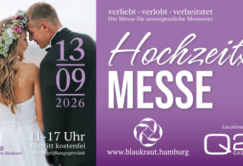 Hochzeitsmesse Hamburg 2026 im Q21 Gasthaus – Brautpaar in romantischer Atmosphäre, Event ‚verliebt, verlobt, verheiratet‘ am 13.09.2026 mit kostenfreiem Eintritt.“