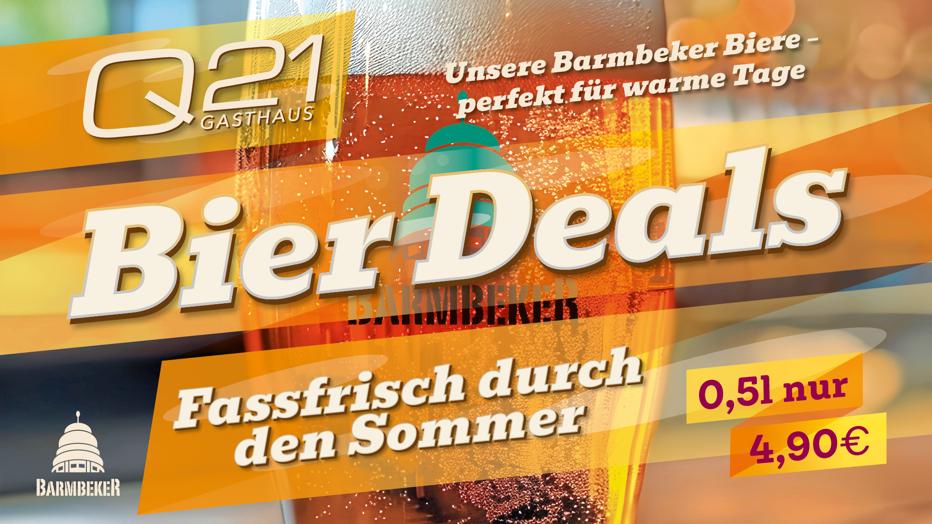Fassfrische Deals im Q21 Gasthaus: Bier Angebote Hamburg Barmbek mit verschiedenen Biersorten und Sommerstimmung.