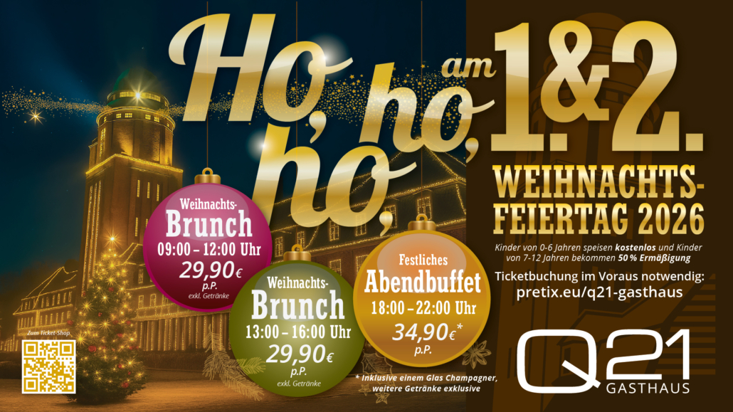 Weihnachtsbrunch Hamburg 2026 im Q21 – festlich dekoriertes Werbemotiv mit Brunch-, Familien- und Abendbuffet am 1. & 2. Weihnachtsfeiertag, inkl. Begrüßungsgetränk, Preise ab 29,90 € p.P.