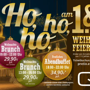 Weihnachtsbrunch Hamburg 2026 im Q21 – festlich dekoriertes Werbemotiv mit Brunch-, Familien- und Abendbuffet am 1. & 2. Weihnachtsfeiertag, inkl. Begrüßungsgetränk, Preise ab 29,90 € p.P.