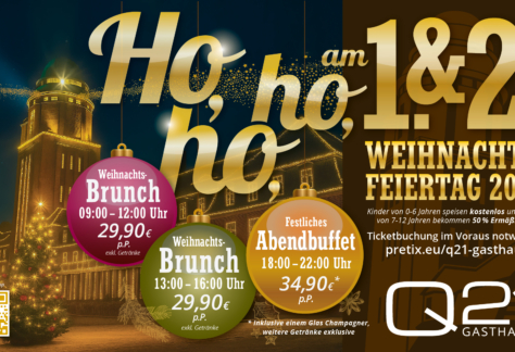 Weihnachtsbrunch Hamburg 2026 im Q21 – festlich dekoriertes Werbemotiv mit Brunch-, Familien- und Abendbuffet am 1. & 2. Weihnachtsfeiertag, inkl. Begrüßungsgetränk, Preise ab 29,90 € p.P.