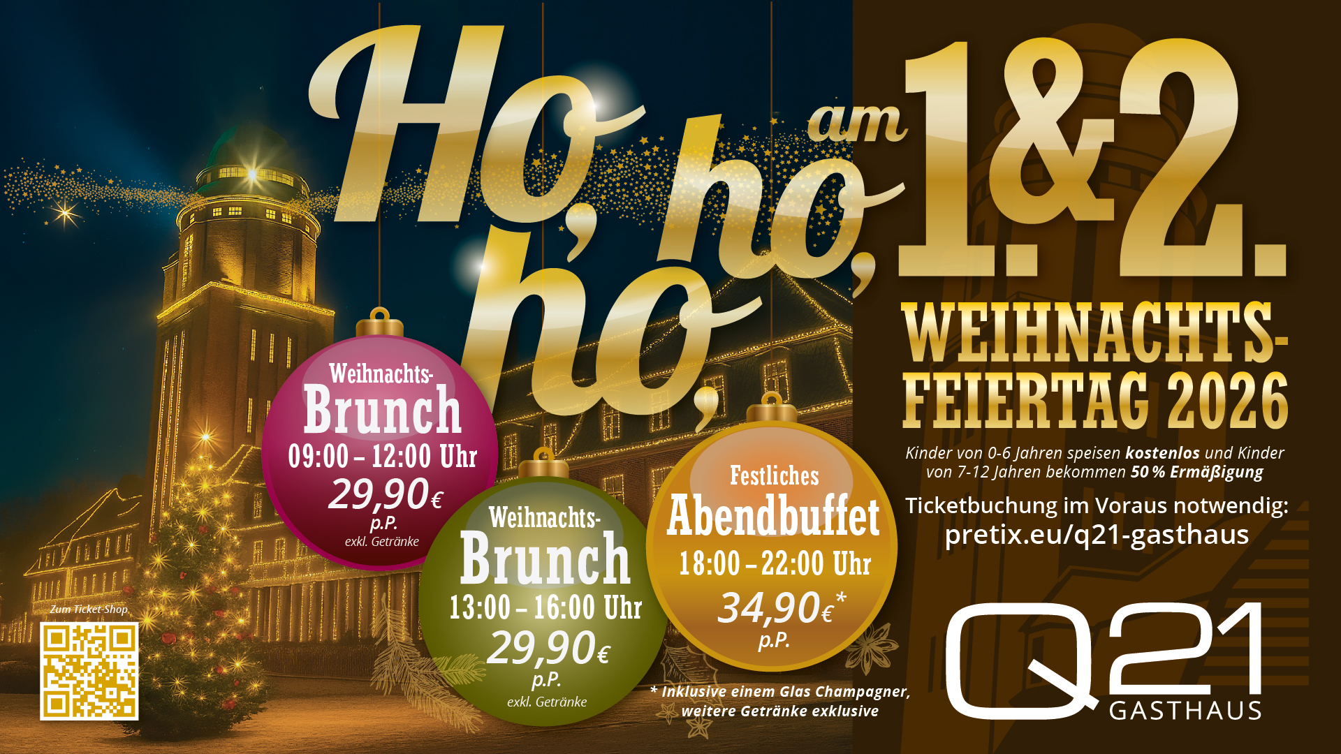 Weihnachtsbrunch Hamburg 2026 im Q21 – festlich dekoriertes Werbemotiv mit Brunch-, Familien- und Abendbuffet am 1. & 2. Weihnachtsfeiertag, inkl. Begrüßungsgetränk, Preise ab 29,90 € p.P.