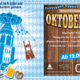 Q21 Gasthaus Oktoberfest-Monatskarte ab 19.09.26 mit bayerischen Gerichten wie Schweinshaxe und Kässpatzen, Kettenkarussell und Trachten-Illustrationen im Hintergrund