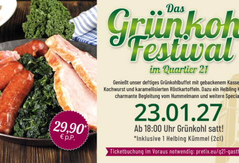 Grünkohl Festival im Q21 Gasthaus Hamburg am 23.01.2027 mit deftigem Buffet aus Kasseler, Kochwurst und karamellisierten Röstkartoffeln für 29,90 € p.P.
