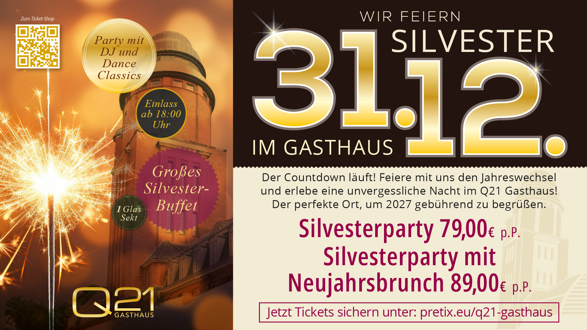 Silvesterparty im Q21 Gasthaus Hamburg am 31.12.2026 mit DJ, Silvester Buffet und Neujahrsbrunch